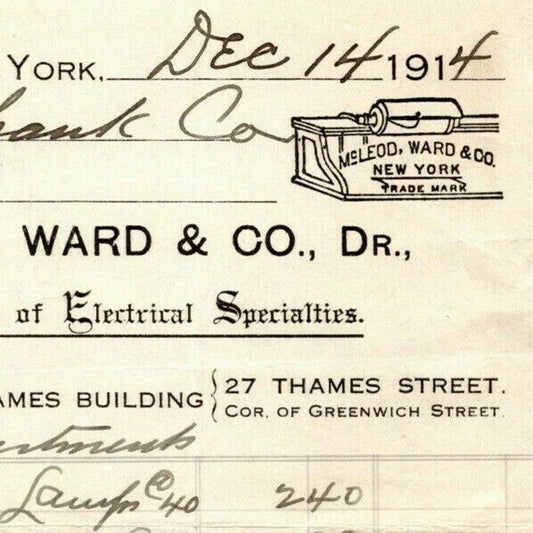 1914 McLeod, Ward & Co. Electrical Letterhead Mazda Lamps - 27 Thames St. NYC