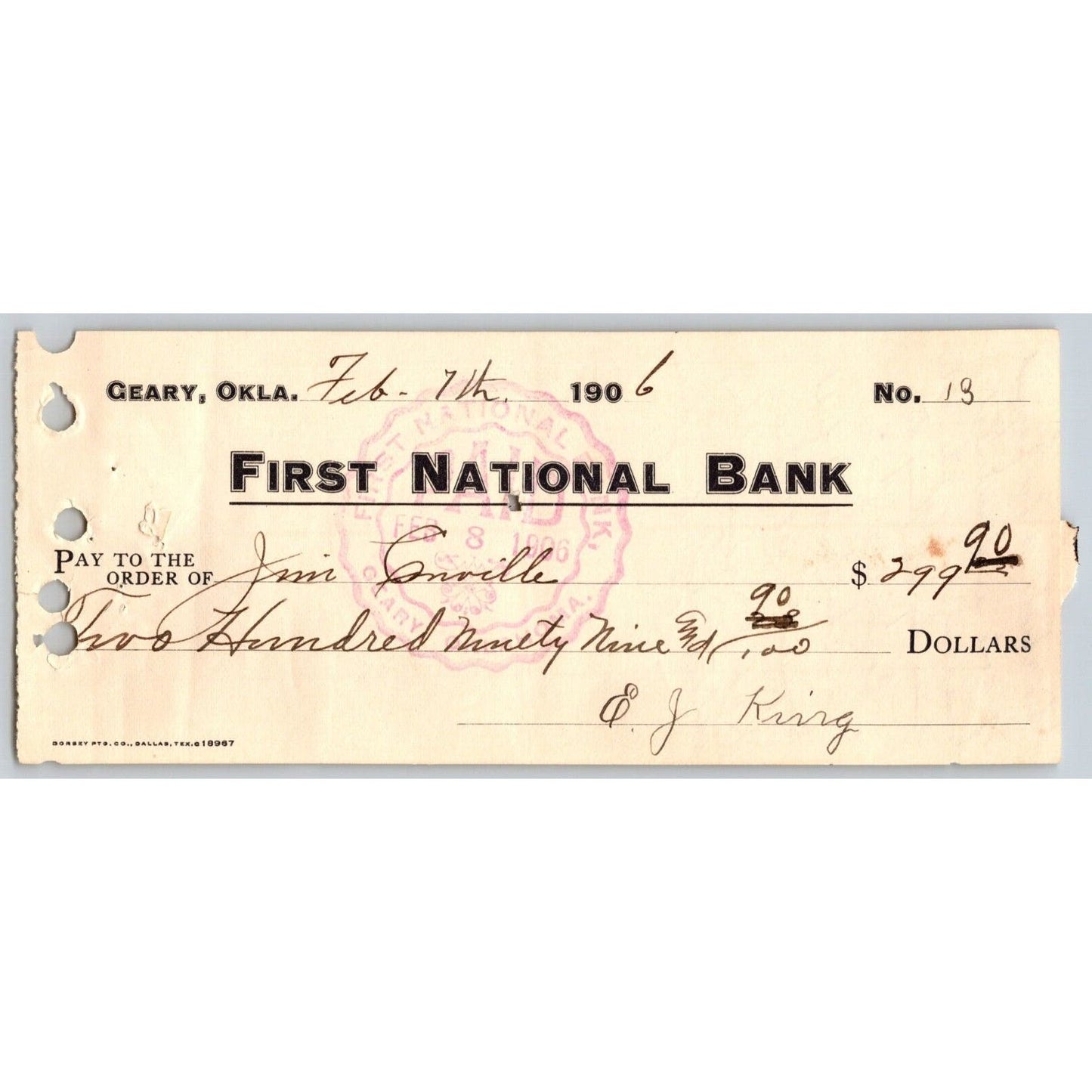 Geary, OK 1906 Territorial First National Bank Check