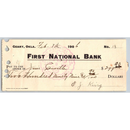 Geary, OK 1906 Territorial First National Bank Check