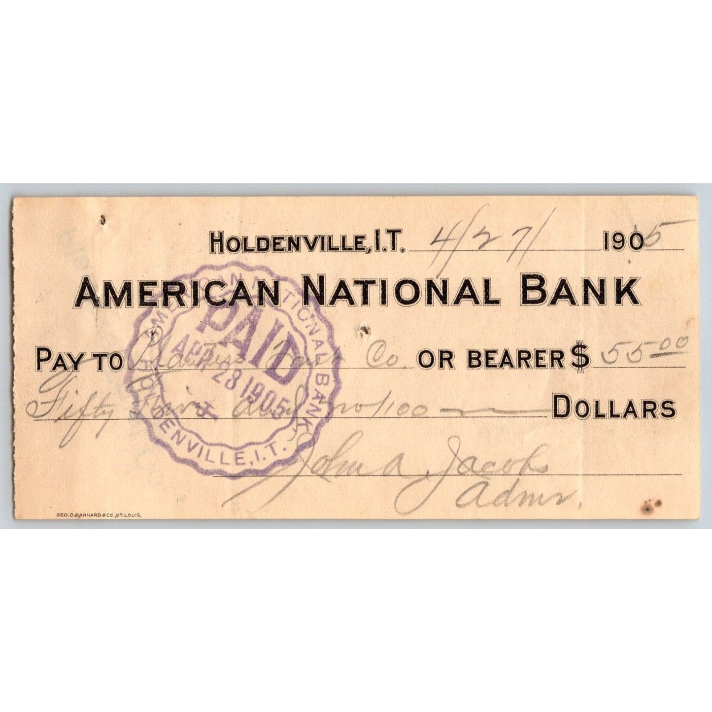 Holdenville, OK Indian Territory 1905 American National Bank Check - Scarce