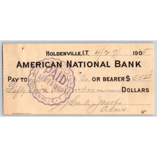 Holdenville, OK Indian Territory 1905 American National Bank Check - Scarce