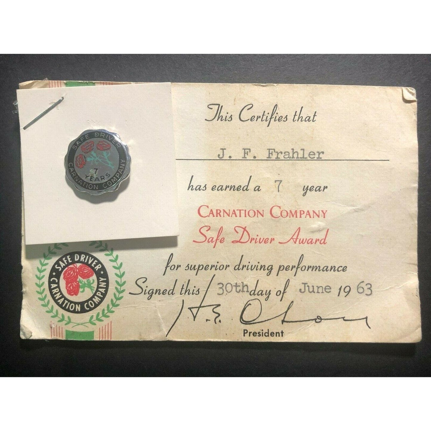 Vintage 1963 Carnation Co. 7 Year Safe Driver Award Enameled Pinback Lapel Pin
