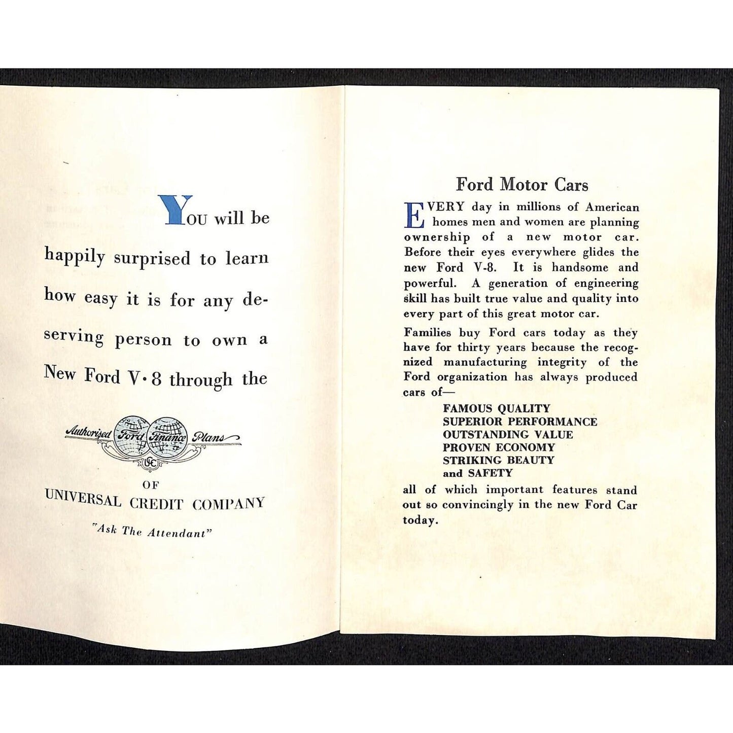 "Own a Ford Car Through UCC" Brochure 8pp & Cover 1934 Chicago World's Fair VGC