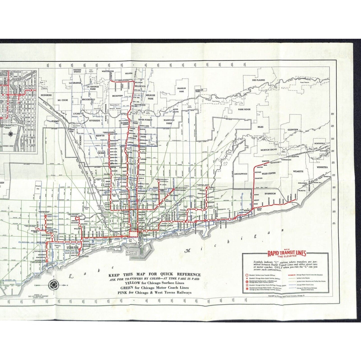 1938 Elevated Map of Chicago Rapid Transit Lines "Ride the L" 13 1/2" x 22" VGC