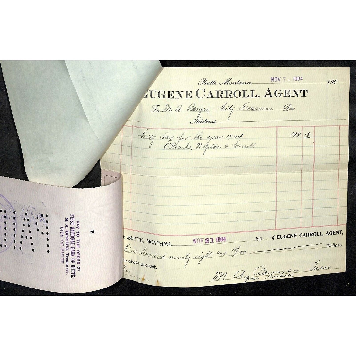 1904 Check Daly Bank Trust of Butte, MT Eugene Carroll - Silver Bow Tax Receipt