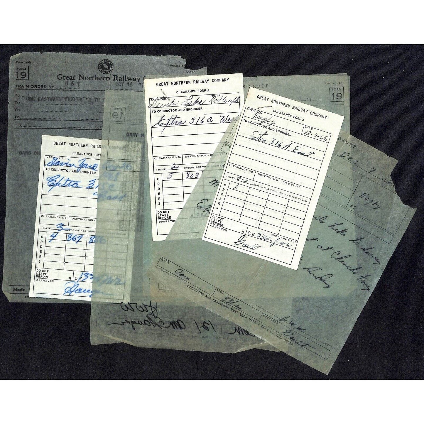 Great Northern Group of 8 Mostly Tissue Paper Train Order Notes 1968 Railroad