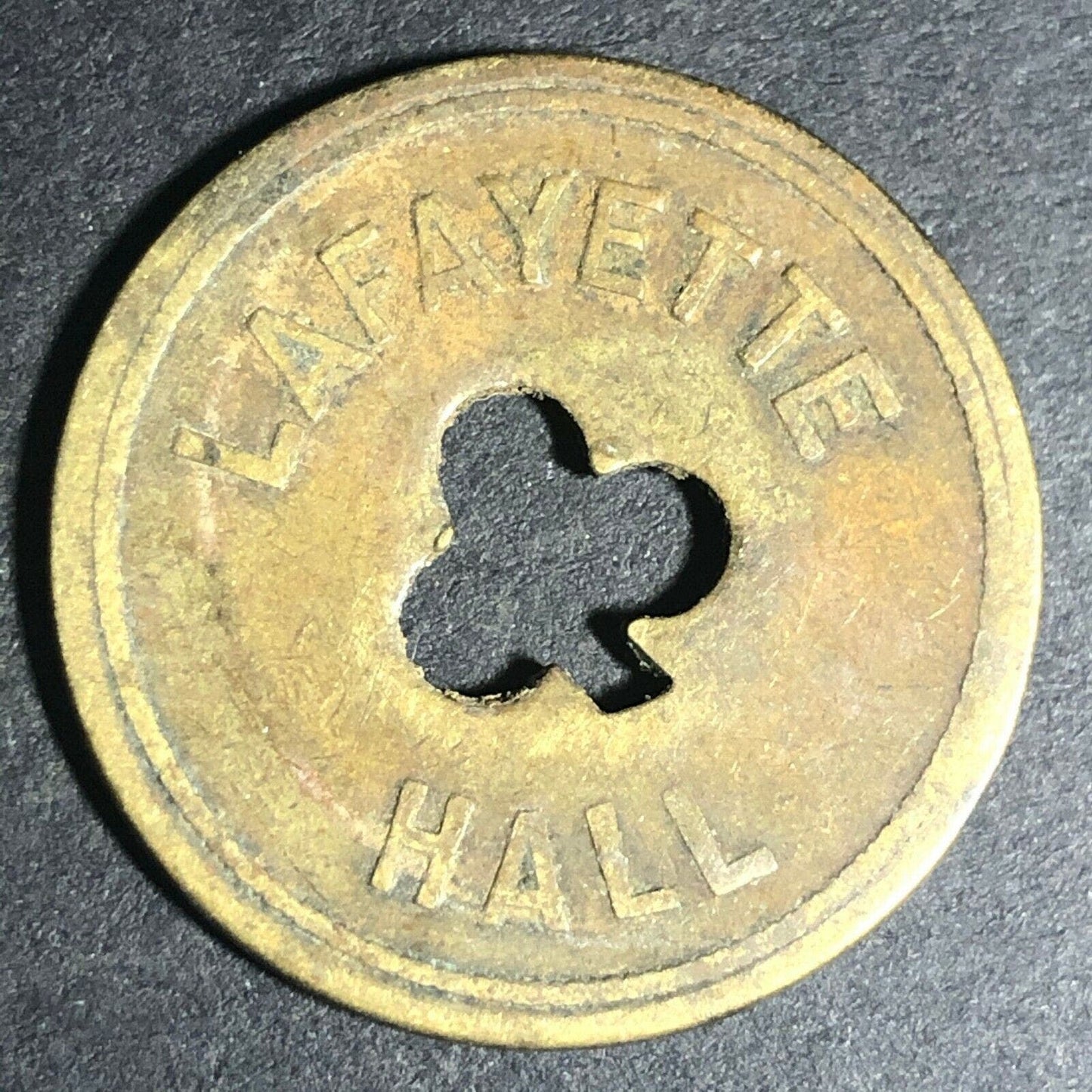 24.5mm Brass Lafayette Hall (Saloon Sacramento, CA) Token Clover Shamrock (#21)