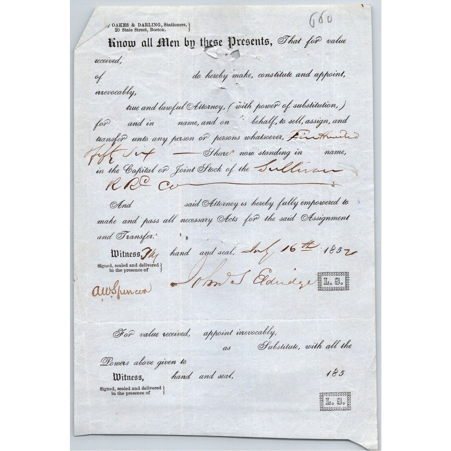 1852 Legal Document Power of Attorney re: Southern Railroad Stock