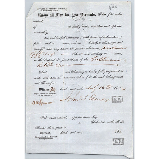 1852 Legal Document Power of Attorney re: Southern Railroad Stock
