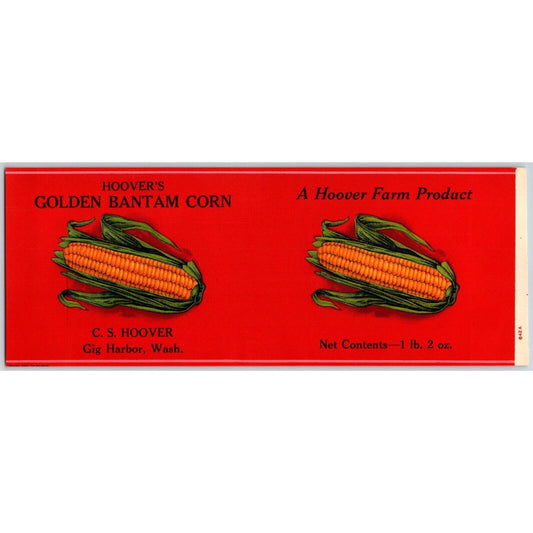 Hoover's Golden Bantam Corn Paper Can Label Gig Harbor, WA c1920's-30's VGC
