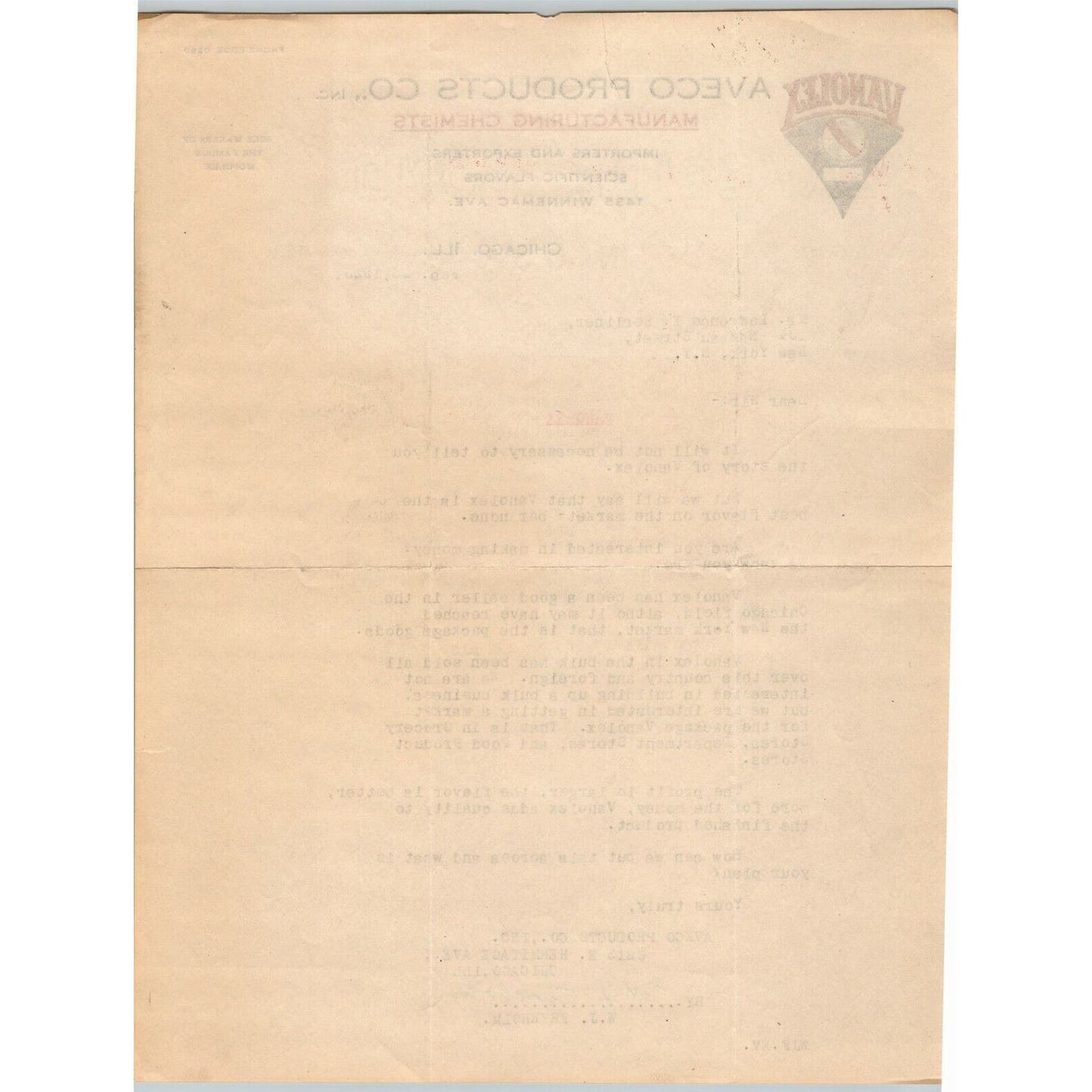 Aveco Products Co.1925 Letterhead Chicago Importers Exporters Scientific Flavors