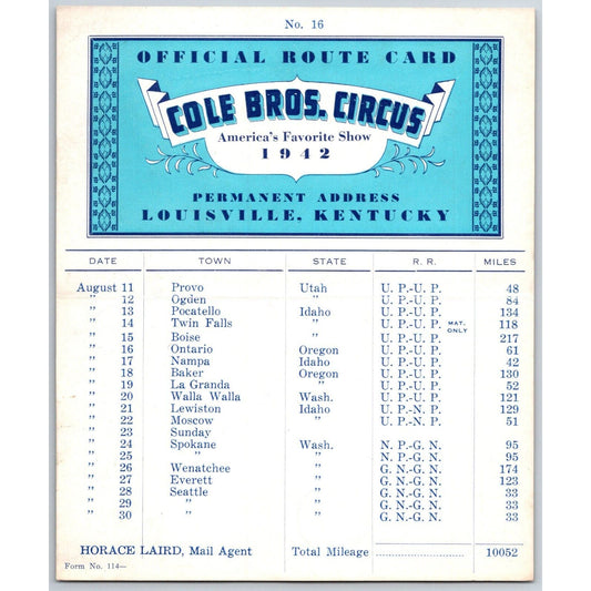 1942 Cole Bros Circus Route Card Oregon Idaho Washington State