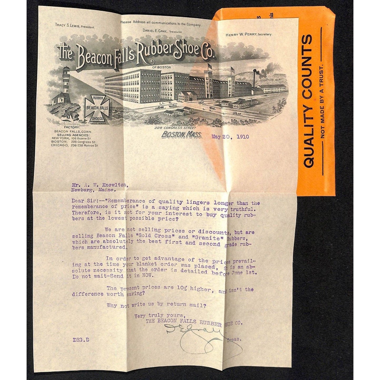 Newburgh ME Amos W. Knowlton* 1910 Beacon Falls Rubber Shoe Co. Letterhead ++