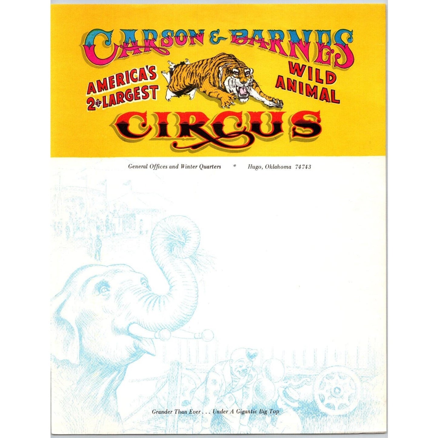Carson & Barnes Wild Animal Circus Letterhead c1969 Tiger Elephant VGC