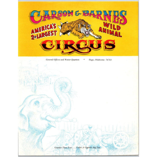 Carson & Barnes Wild Animal Circus Letterhead c1969 Tiger Elephant VGC