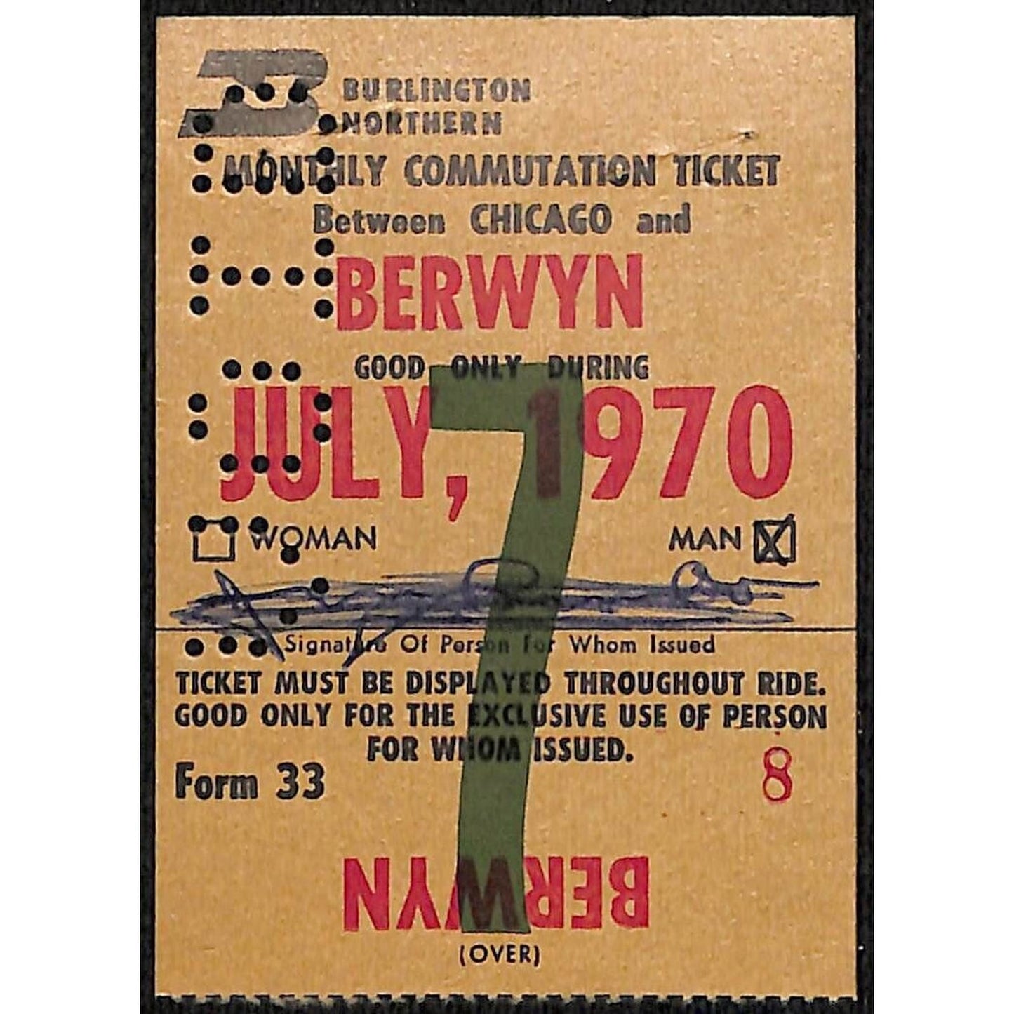 1970 Burlington Northern Monthly Commutation "Man" Pass Chicago / Berwyn #8