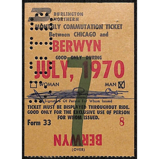 1970 Burlington Northern Monthly Commutation "Man" Pass Chicago / Berwyn #8
