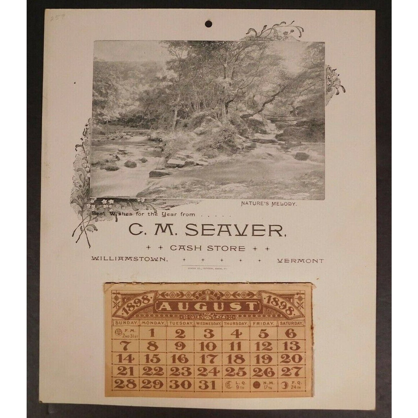 "Best Wishes From.."C. M. Seaver "Cash Store" 1898 Calendar Williamstown Vermont