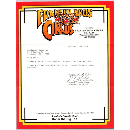 Franzen Bros. Circus Letterhead 1988 Wapakoneta, OH Tigers Scarce