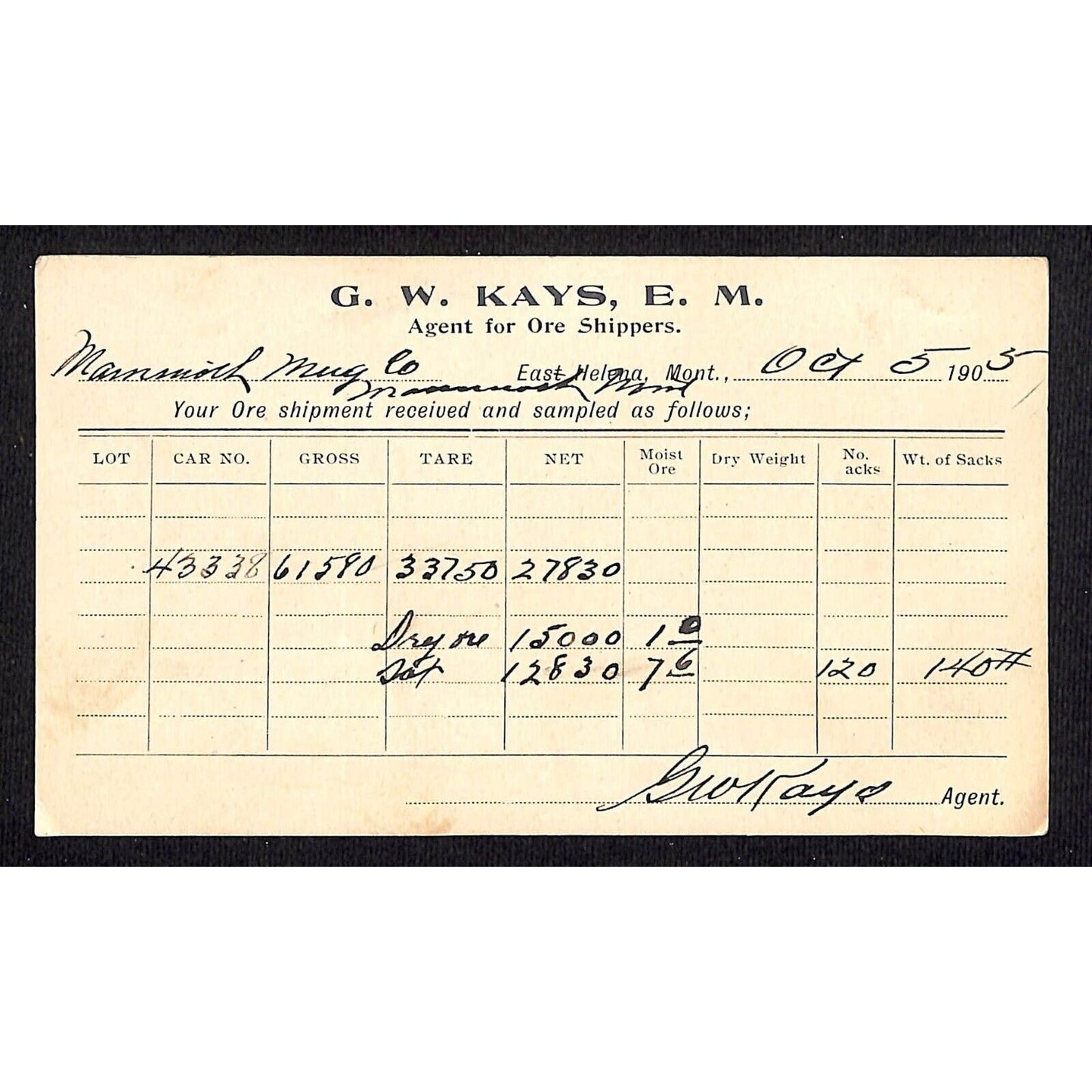 G.W. Kays, E. M. Butte, MY 1905 Agent for Ore Shippers - Weight Card Receipt