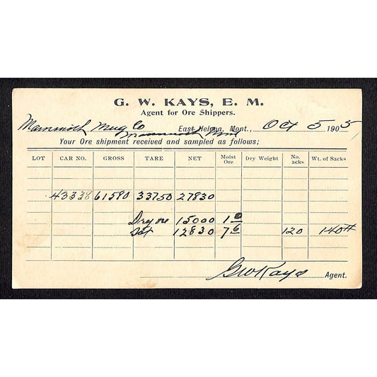 G.W. Kays, E. M. Butte, MY 1905 Agent for Ore Shippers - Weight Card Receipt