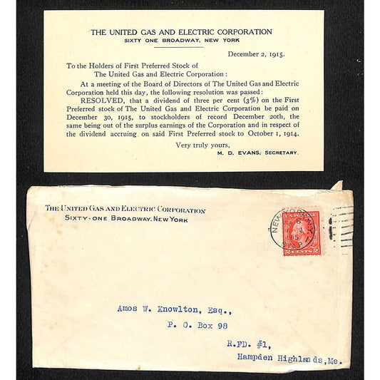 Newburgh, ME Amos W. Knowlton* 1915 United Gas and Electric Corp. NYC re: Stock