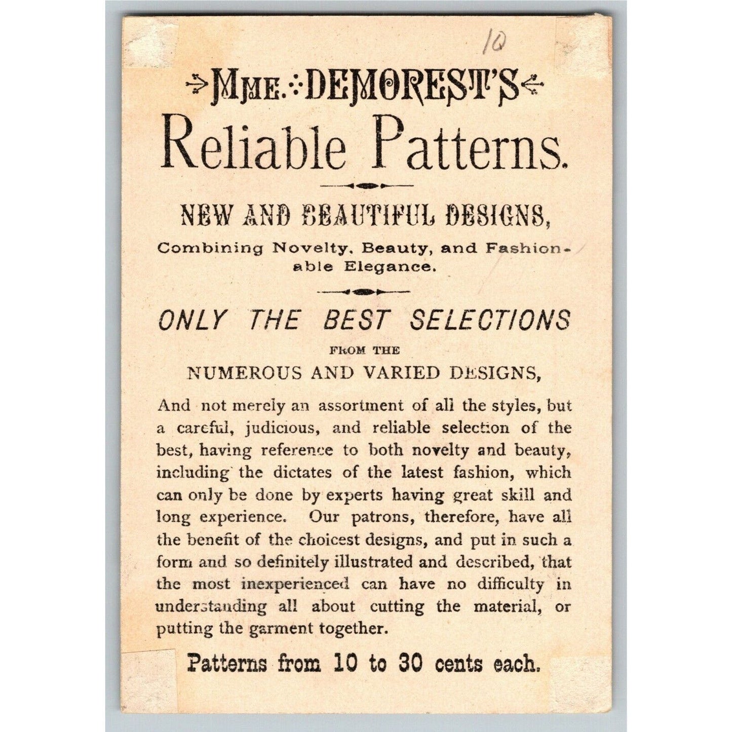 MME. Demorest's Reliable (Sewing) Patterns Beauty Fashion Victorian Trade Card