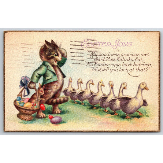 Easter Postcard "Easter Joys" Cat w/ Basket Bunny Eggs Ducks PM 1925