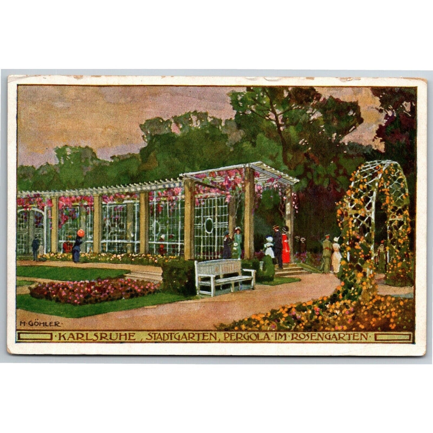 Vintage German Postcard "Karlsruhe, Stadtgarten, Pergola"