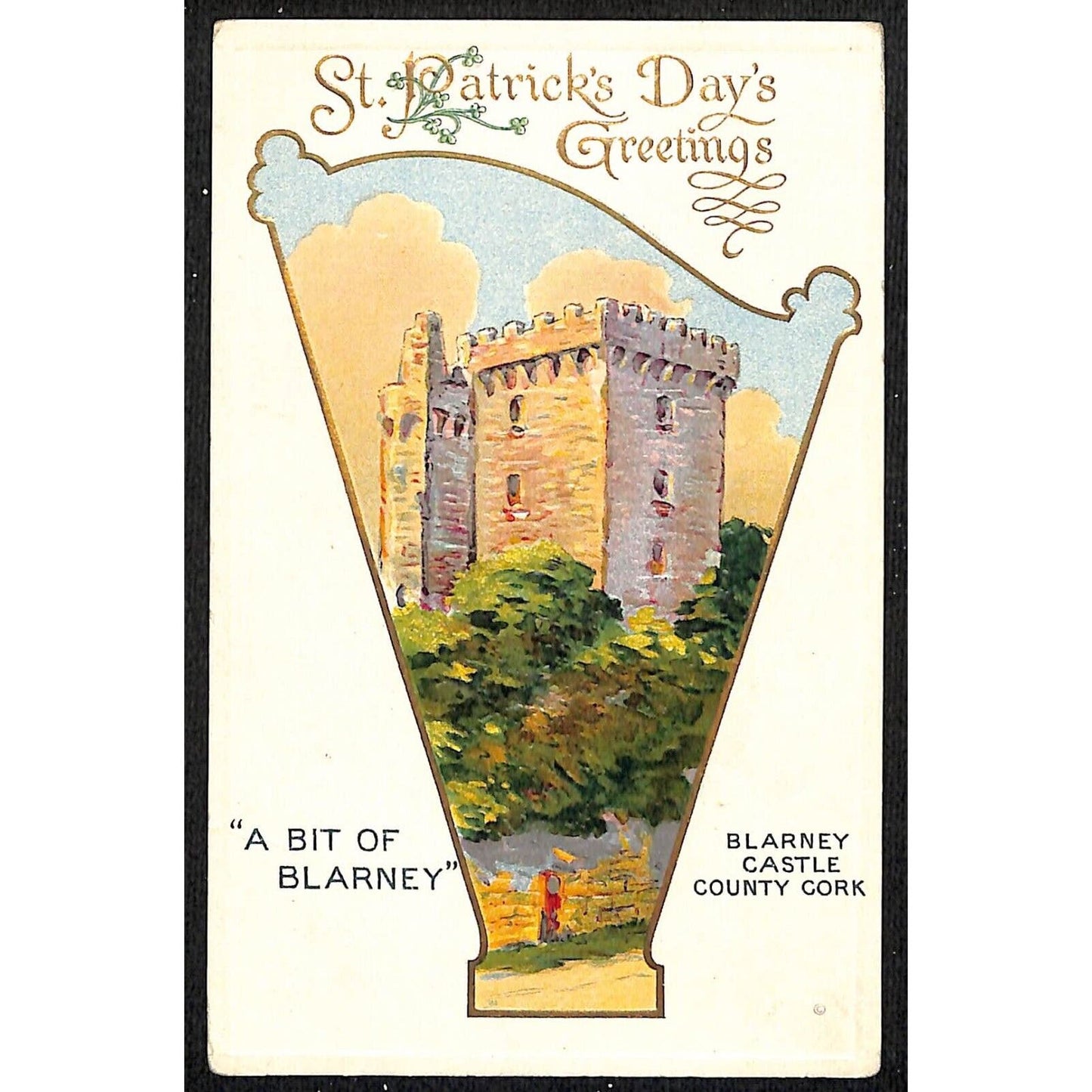 St. Patrick's Day Postcard Blarney Castle County Cork Gilt Emb. NP c1910-15