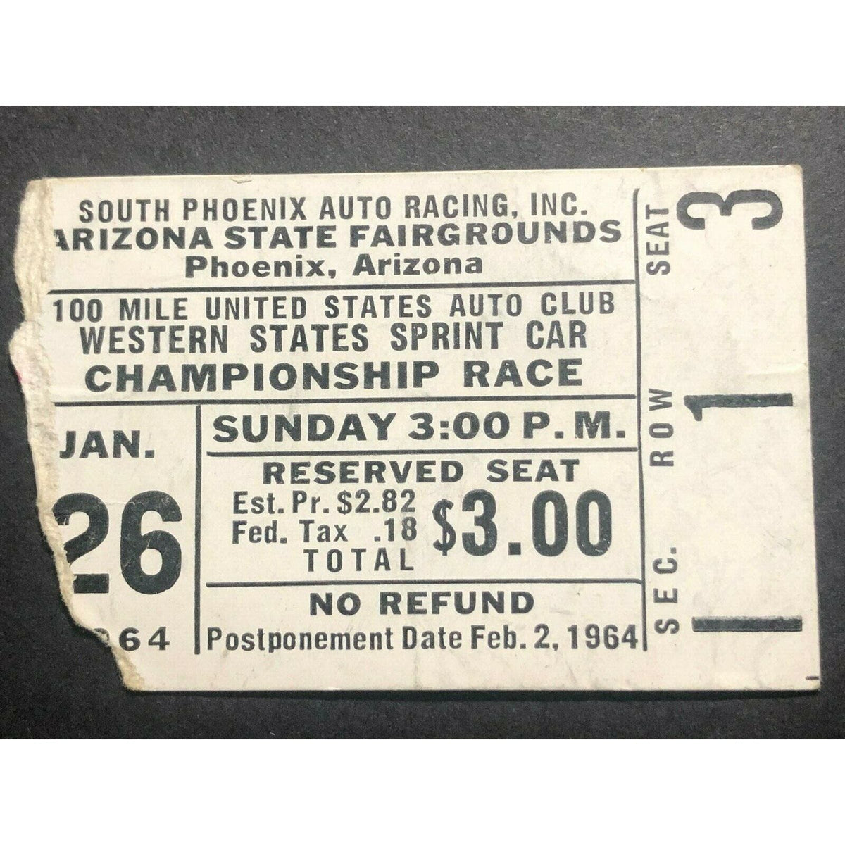 South Phoenix Auto Racing Ticket Western States USAC Sprint Car Jan 26 1964