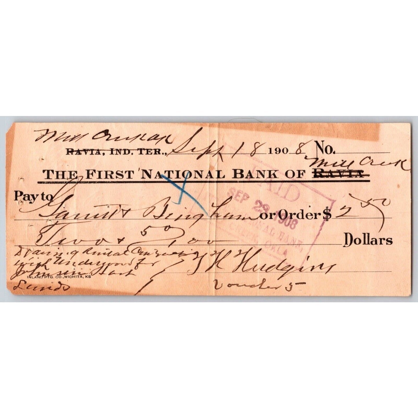 Mill Creek / Ravia Oklahoma Indian Territory* 1908 FNB Bank Check Scarce
