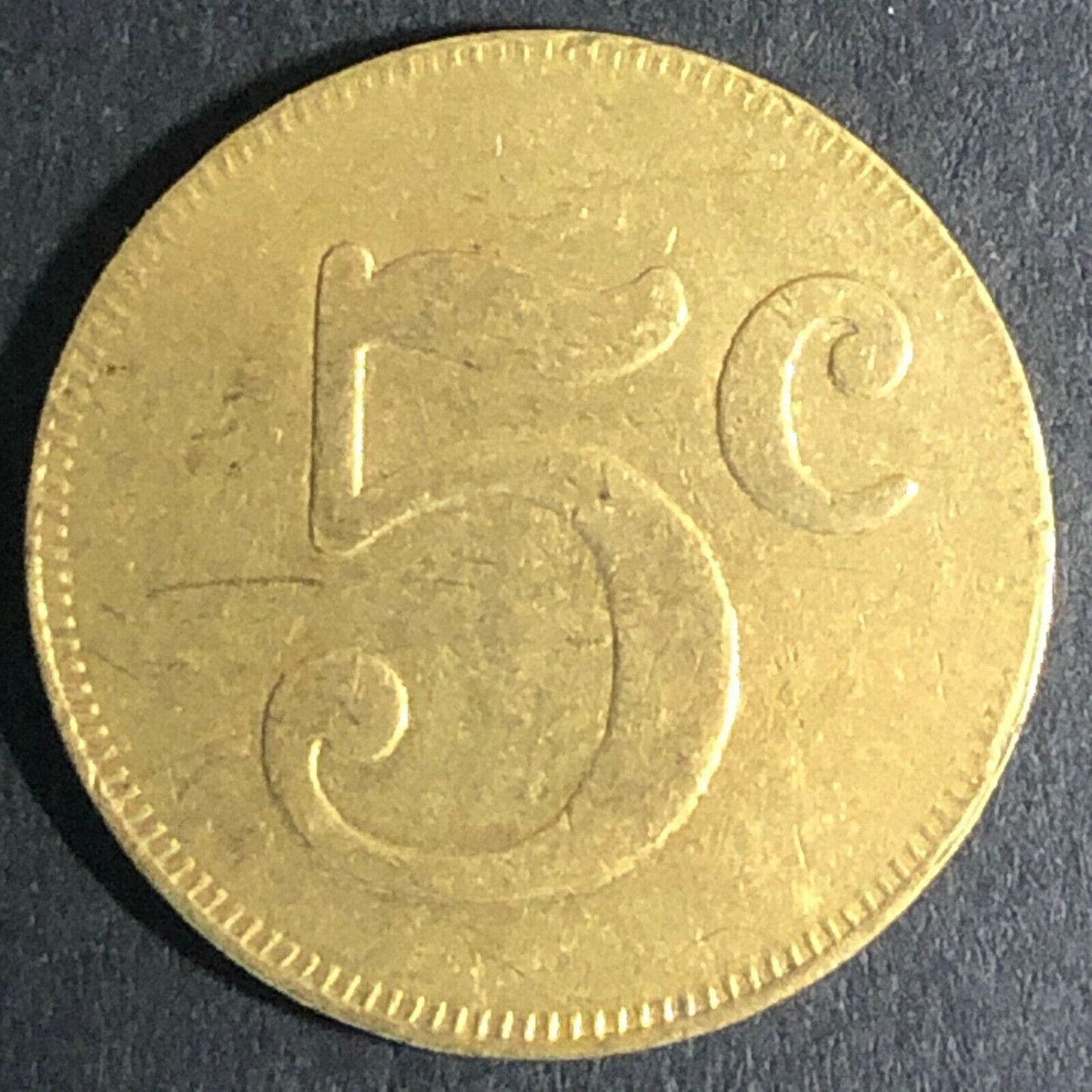 21.5mm Large 5 "5 Cent" Brass Token - Fauver Coll.