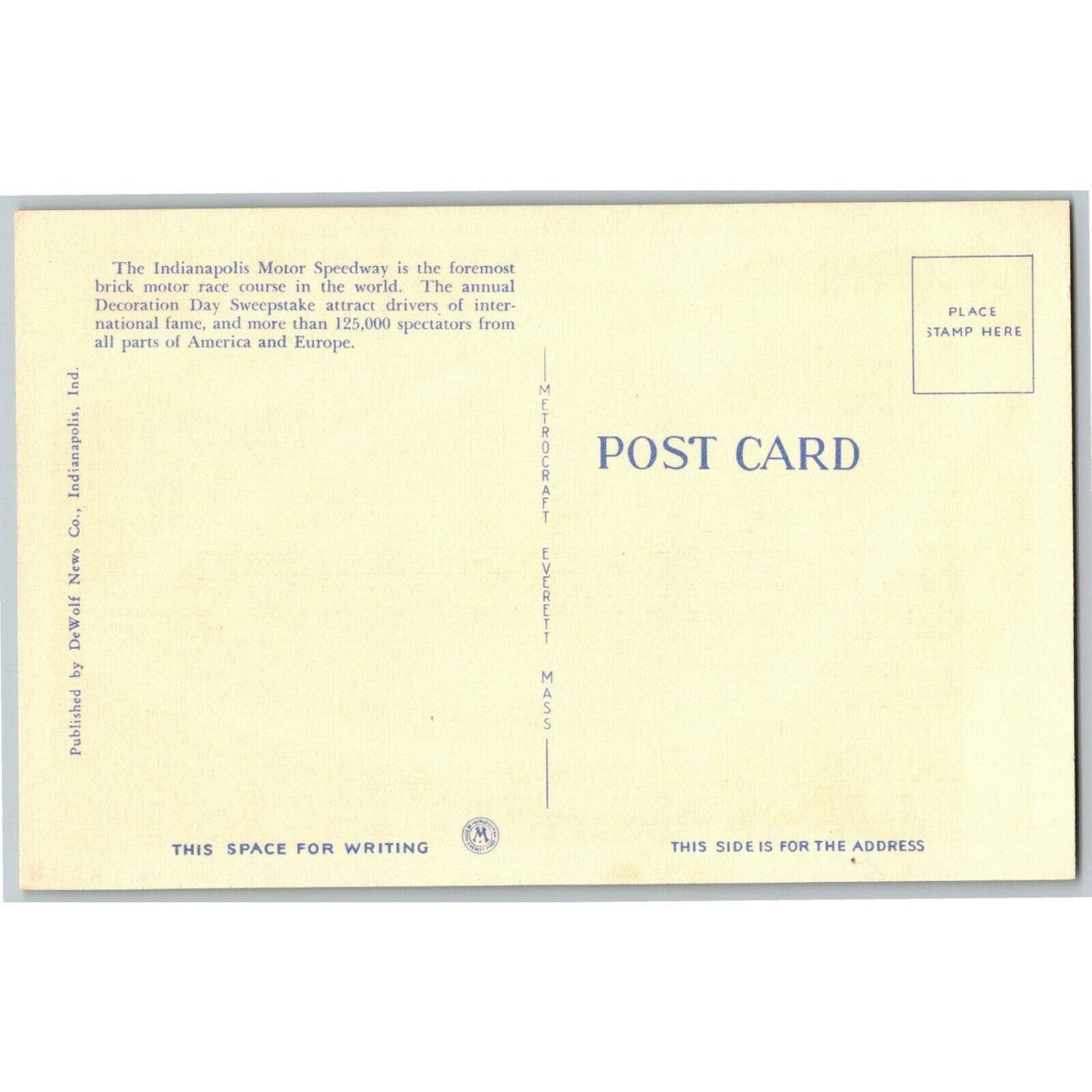 Indy 500 Linen Postcard 1946 "Greatest Automobile Race Course in the World" NP