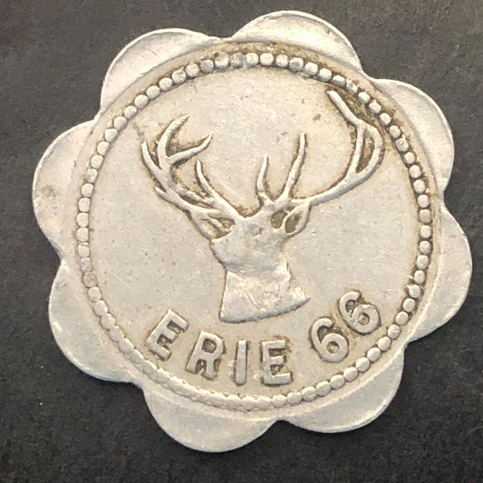 "Erie 66" 5c Cent Check (Elk's) Aluminum Token 28mm Scalloped w/Buck Head Scarce