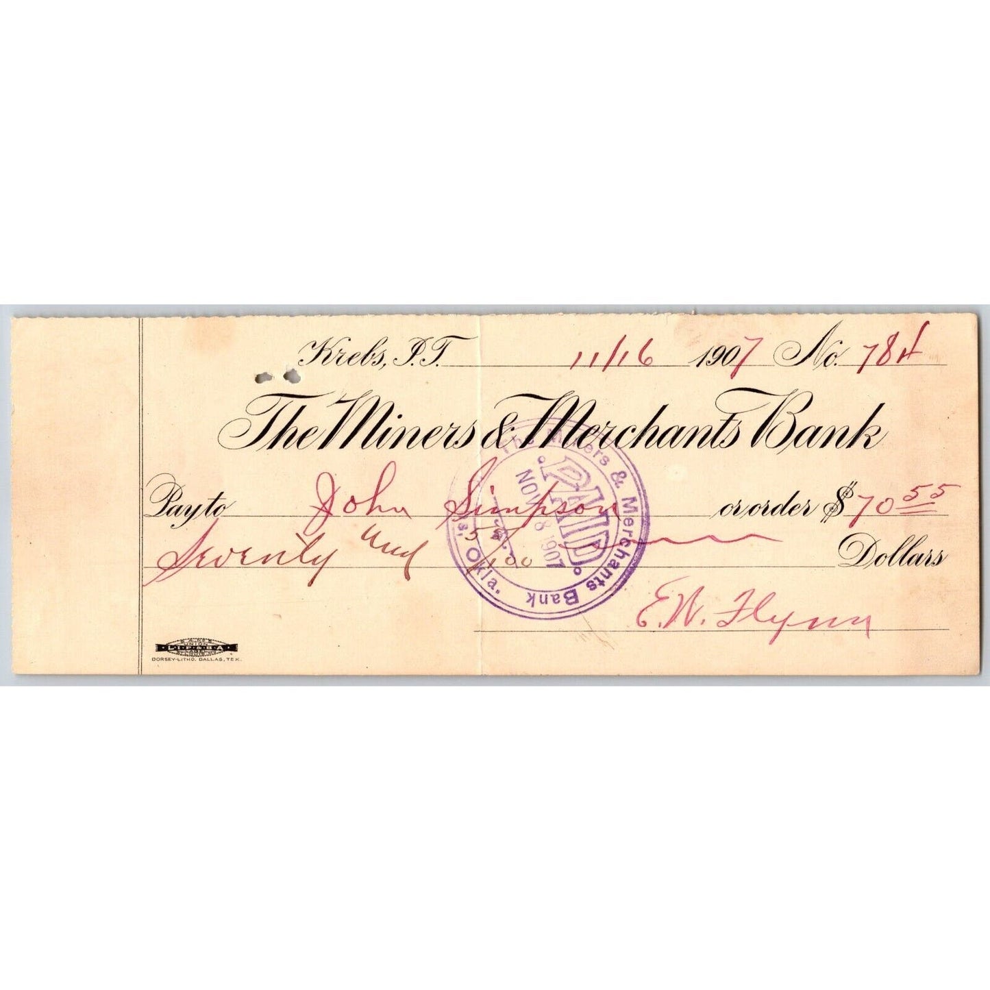 Krebs, OK Nov. 16 1907 Indian Territory "Miners & Merchants Bank" Check Scarce