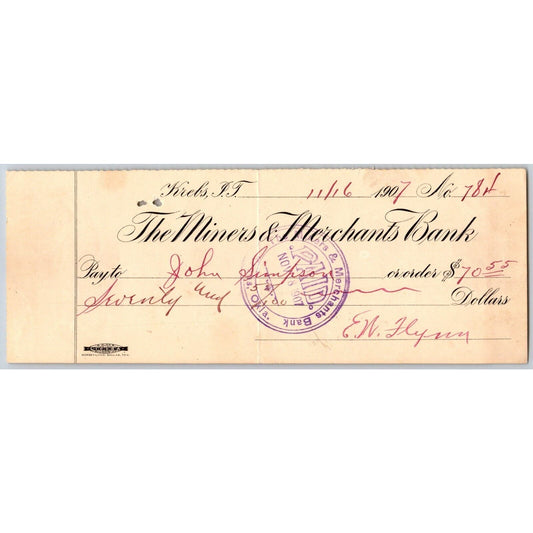 Krebs, OK Nov. 16 1907 Indian Territory "Miners & Merchants Bank" Check Scarce