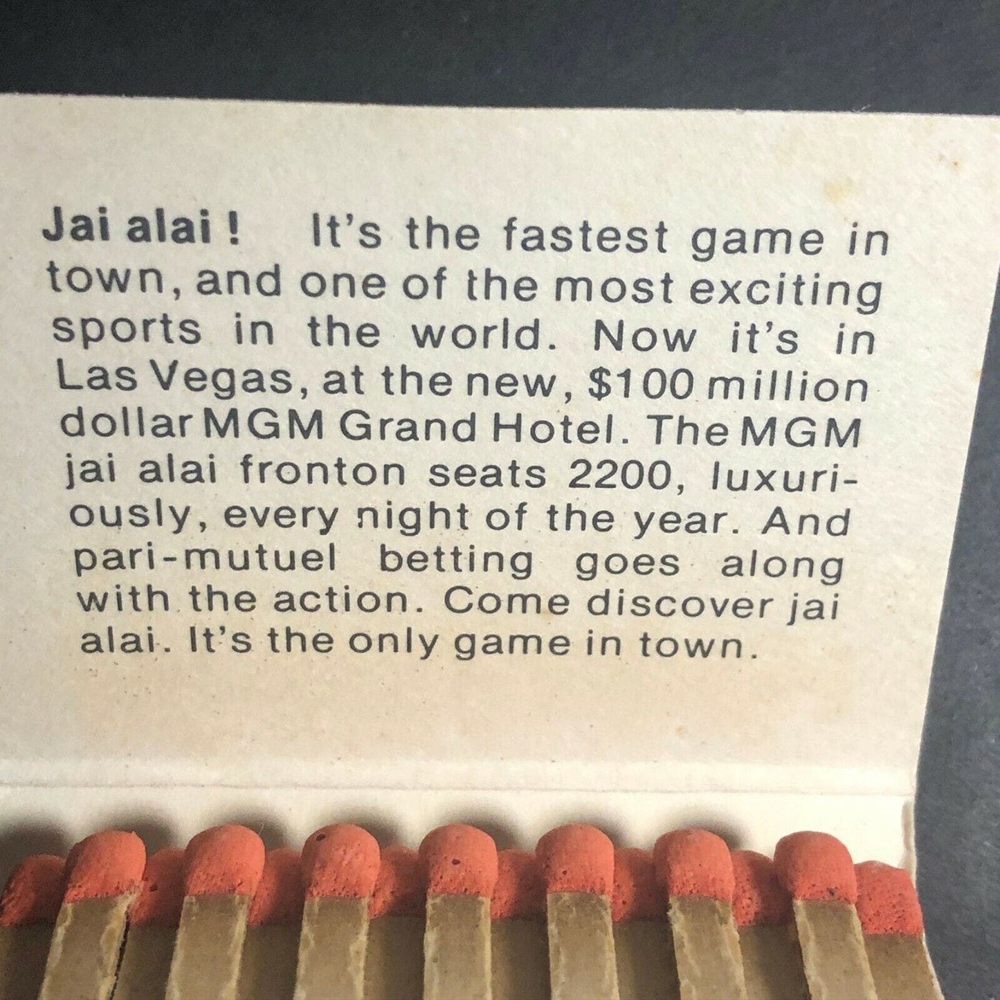 70's-80's Full Matchbook "MGM Grand Jai Alai" Las Vegas, NV