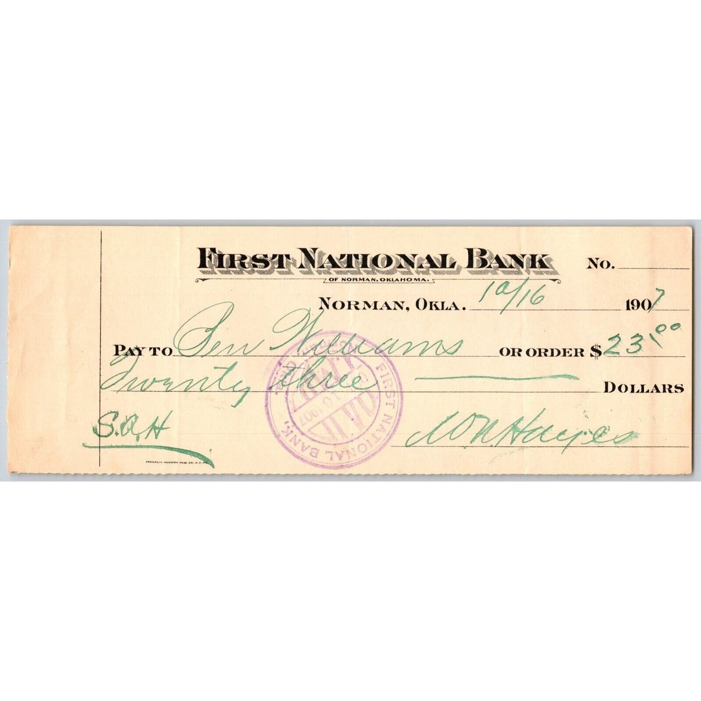 Norman, Oklahoma Territory 1907 $23 FNB Check Scarce