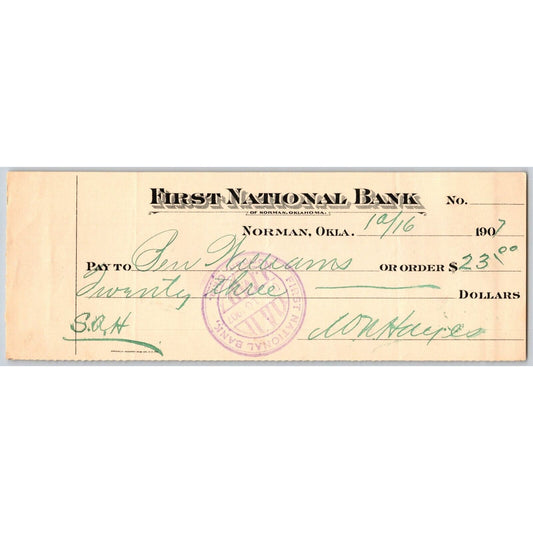 Norman, Oklahoma Territory 1907 $23 FNB Check Scarce