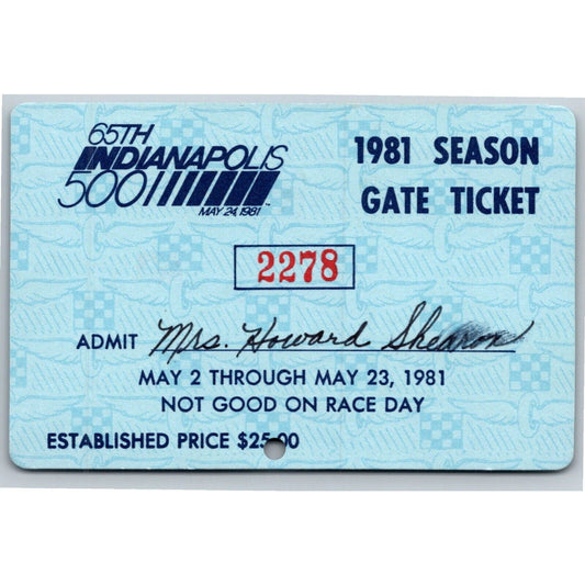 1981 Indy 500 Season Gate Ticket Pass Card Indianapolis IMS #2278 VGC