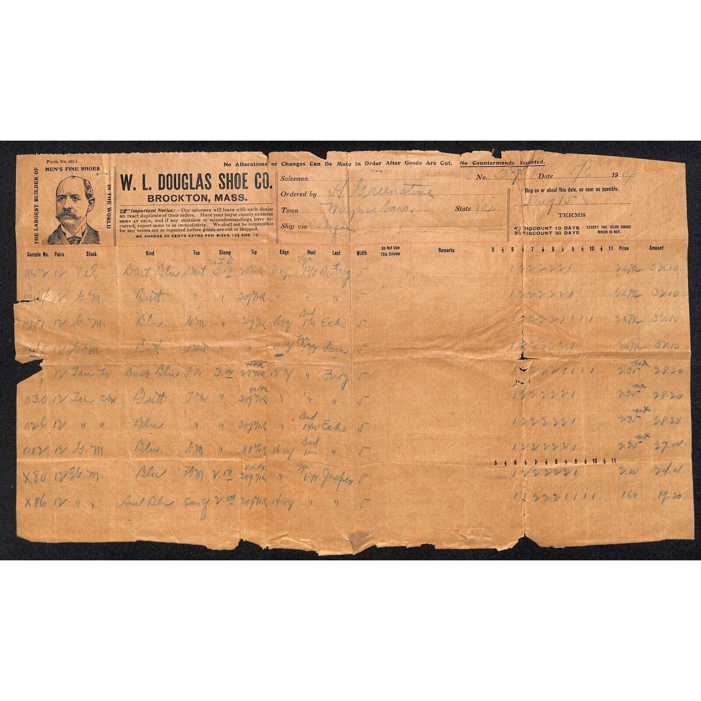 Brockton, MASS W.L. Douglas Shoe Co. "Men's Fine Shoes" 1914 Order Form