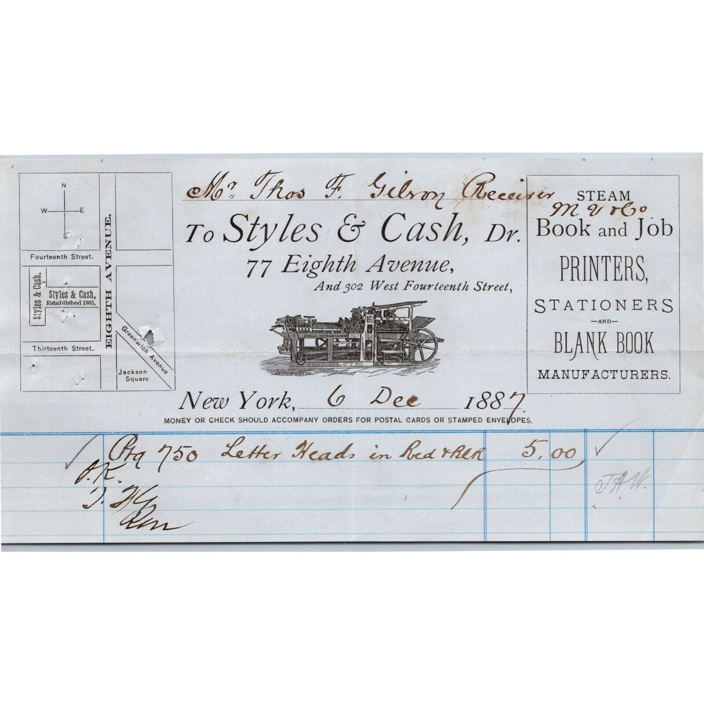 1887 Styles & Cash Book Printers Stationers Billhead Letterhead 77 8th Ave NYC