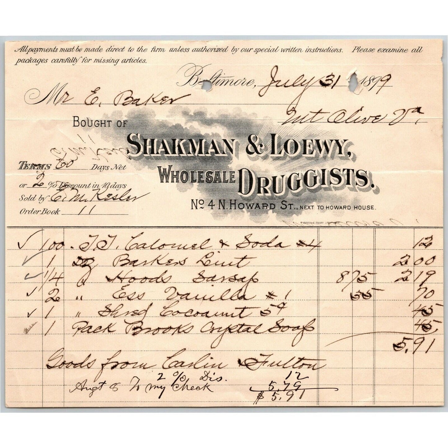 1899 Letterhead Billhead Shakman & Loewy Druggists Baltimore - Ephraim Baker*
