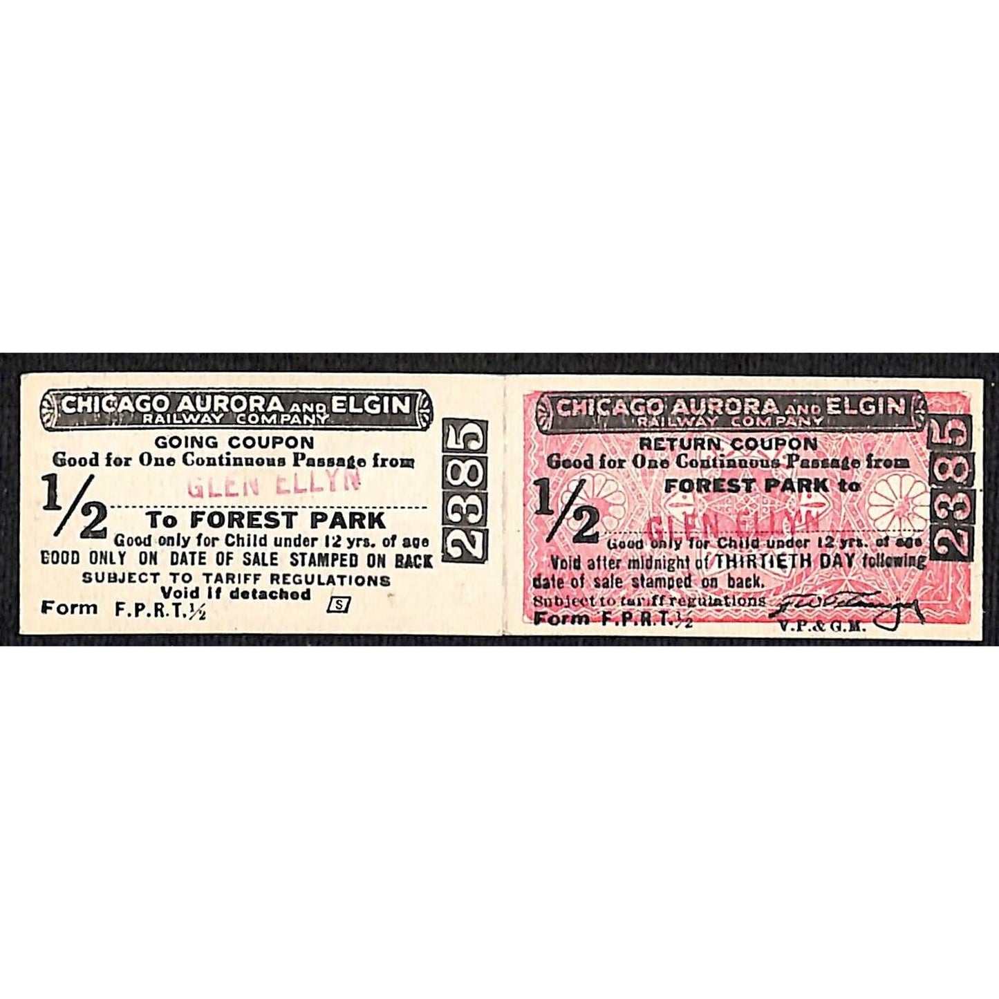 Chicago Aurora and Elgin 1902-57 2-way Attached Tickets Forest Park Glen Ellyn