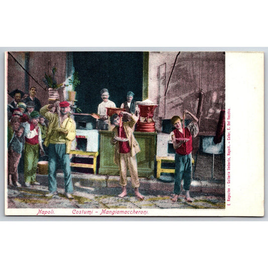 Naples "Macaroni Eater" Crowded Street Food Scene Postcard c1901-1907 NP