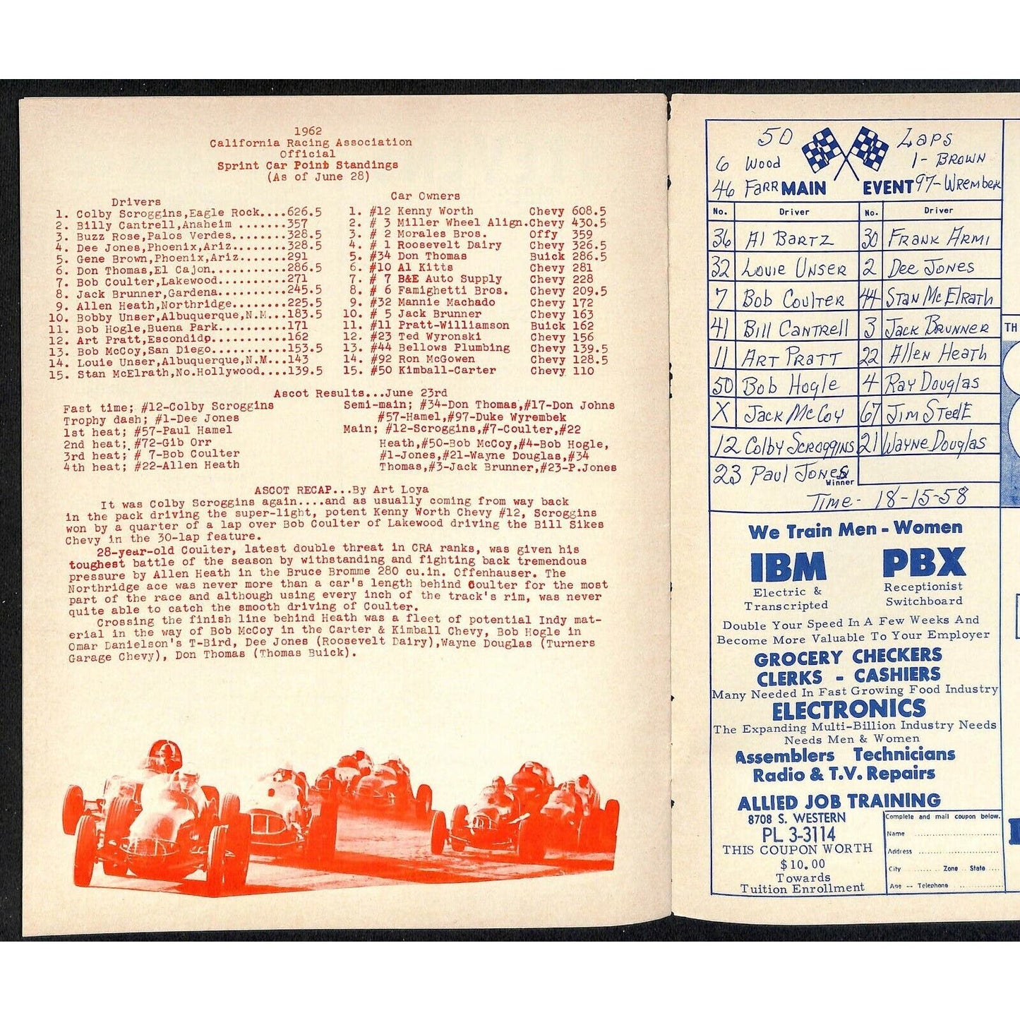 Scarce July 4 1962 CRA Big Car Races Auto Racing Program Ascot Park Fireworks