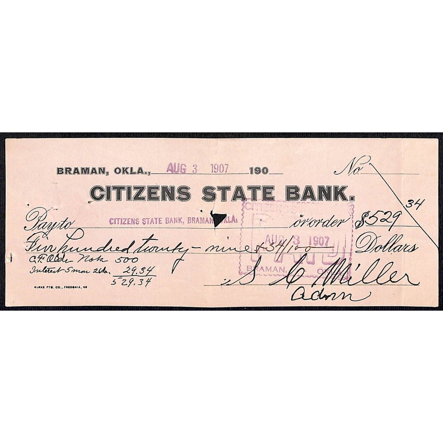 Braman, OK 1907 Territorial "Citizens State Bank" Check - Scarce