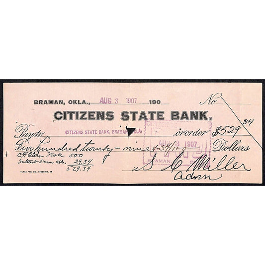Braman, OK 1907 Territorial "Citizens State Bank" Check - Scarce