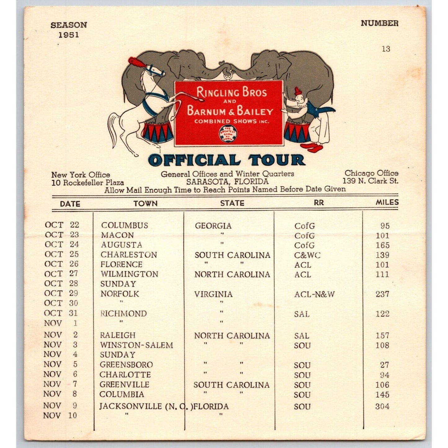 1951 Ringling Bros Barnum Bailey Circus Route Card Columbus Augusta Norfolk